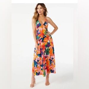Sofia Veraga Colorful Tropical  Tiered Halter Maxi Dress